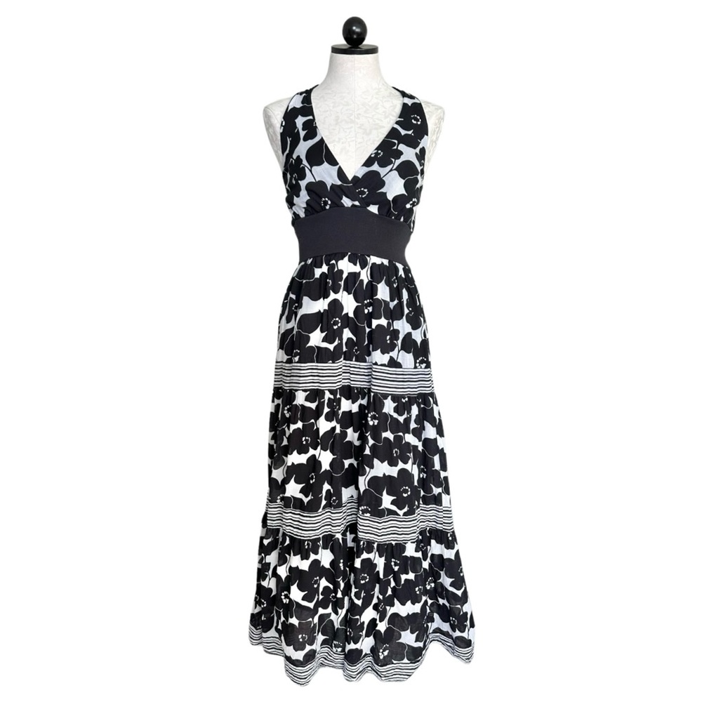 Jonathan Martin Halter Sun Maxi Dress Black & White Floral & Stripes Size 8
